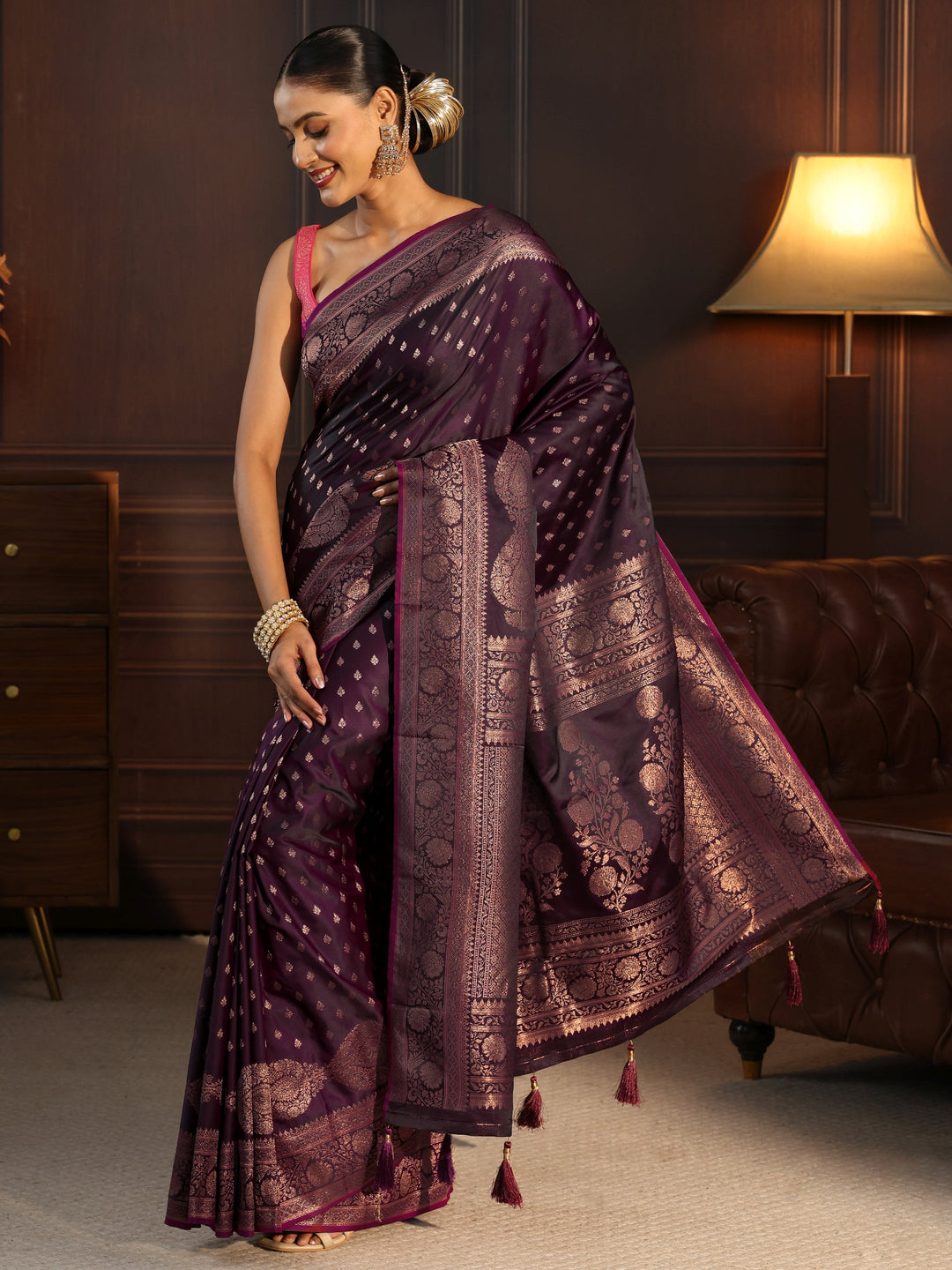  Libas Burgundy Woven Design Satin Tassel Saree 