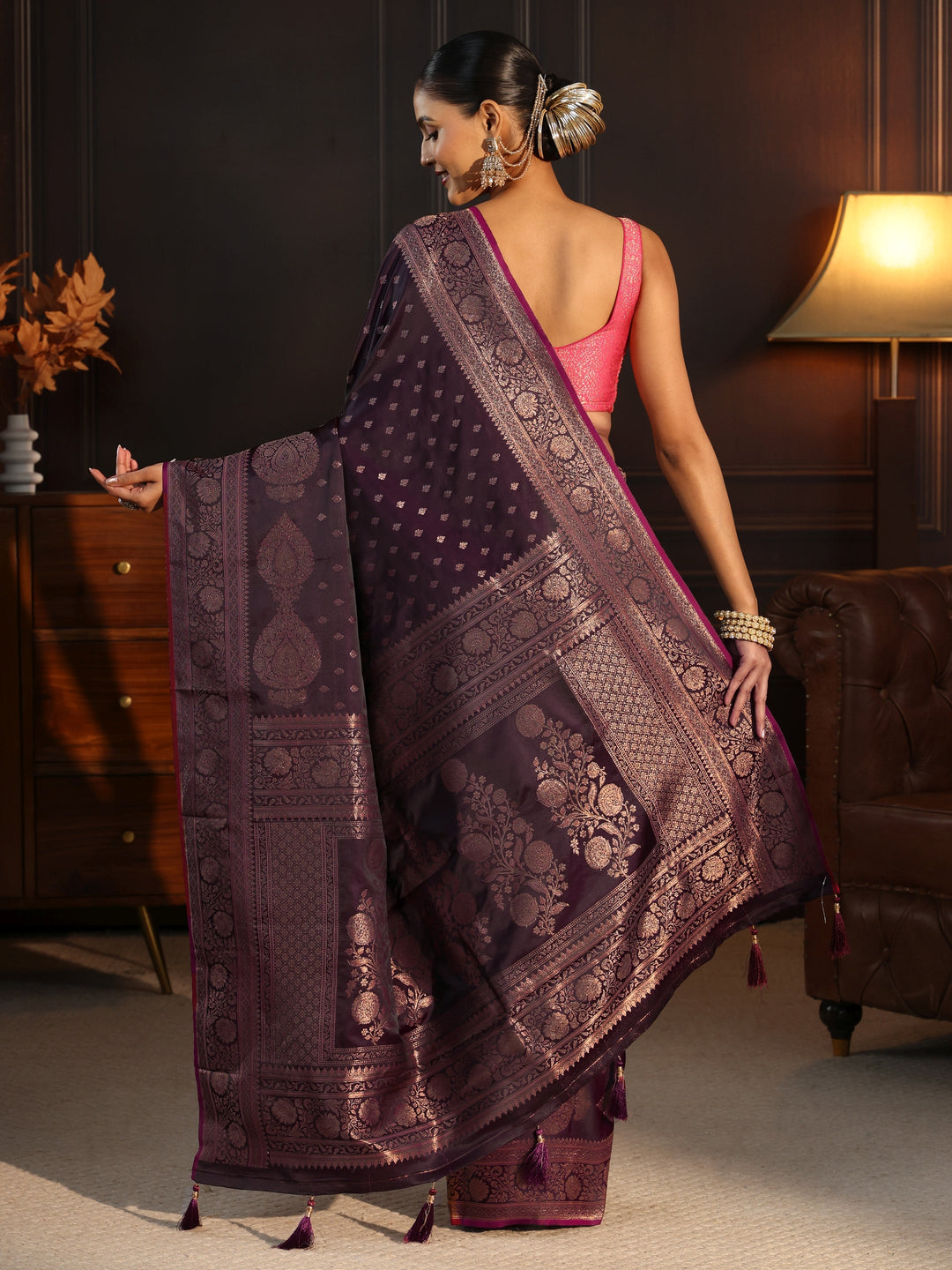  Libas Burgundy Woven Design Satin Tassel Saree 