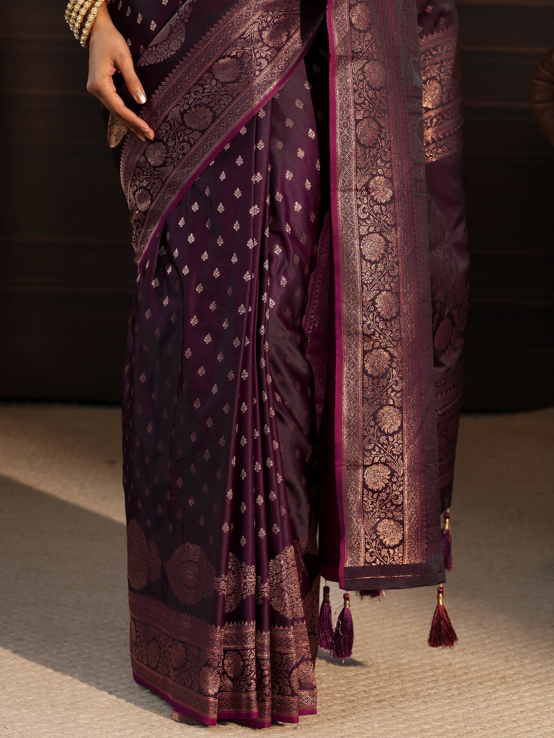  Libas Burgundy Woven Design Satin Tassel Saree 