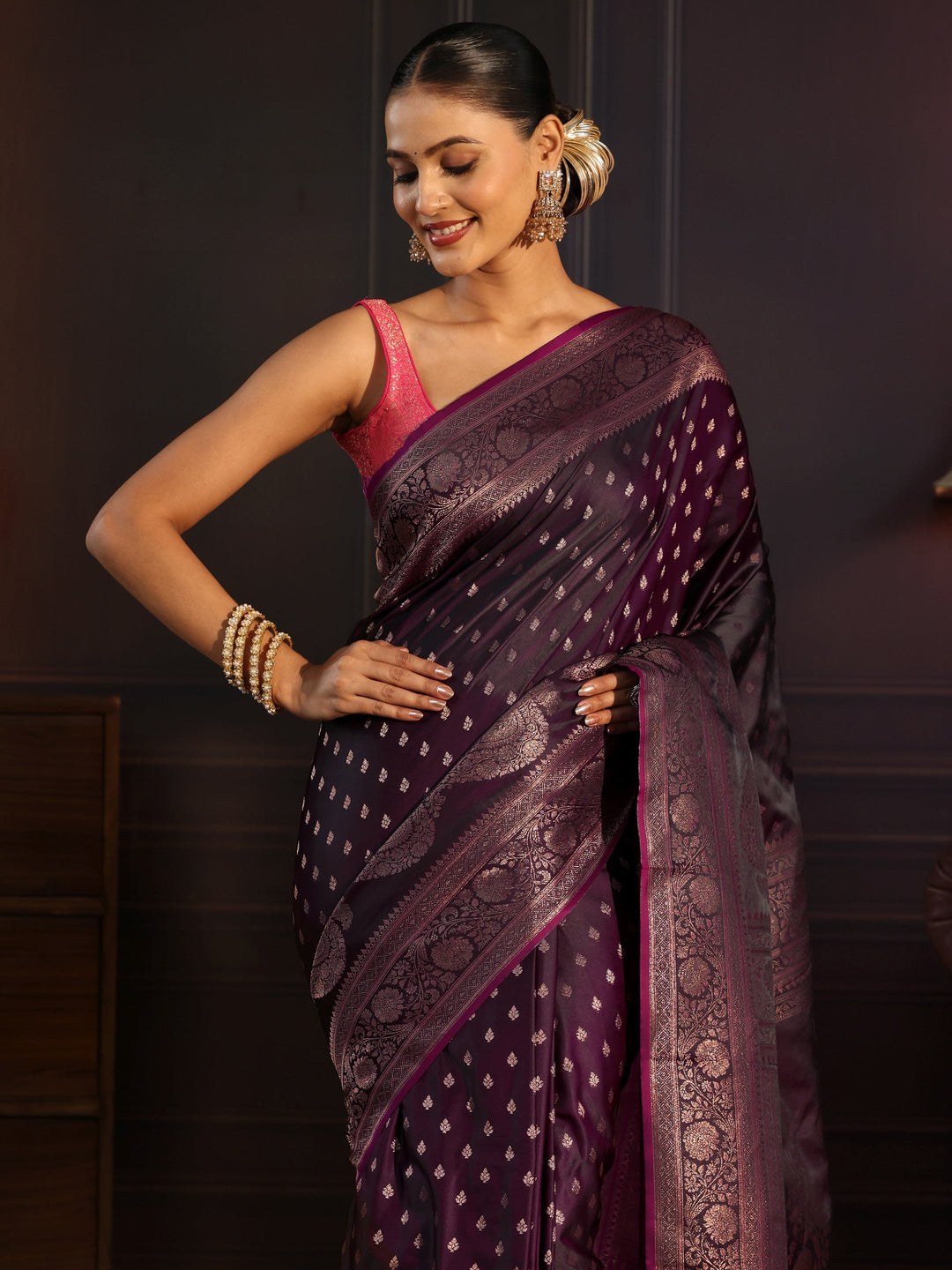  Libas Burgundy Woven Design Satin Tassel Saree 