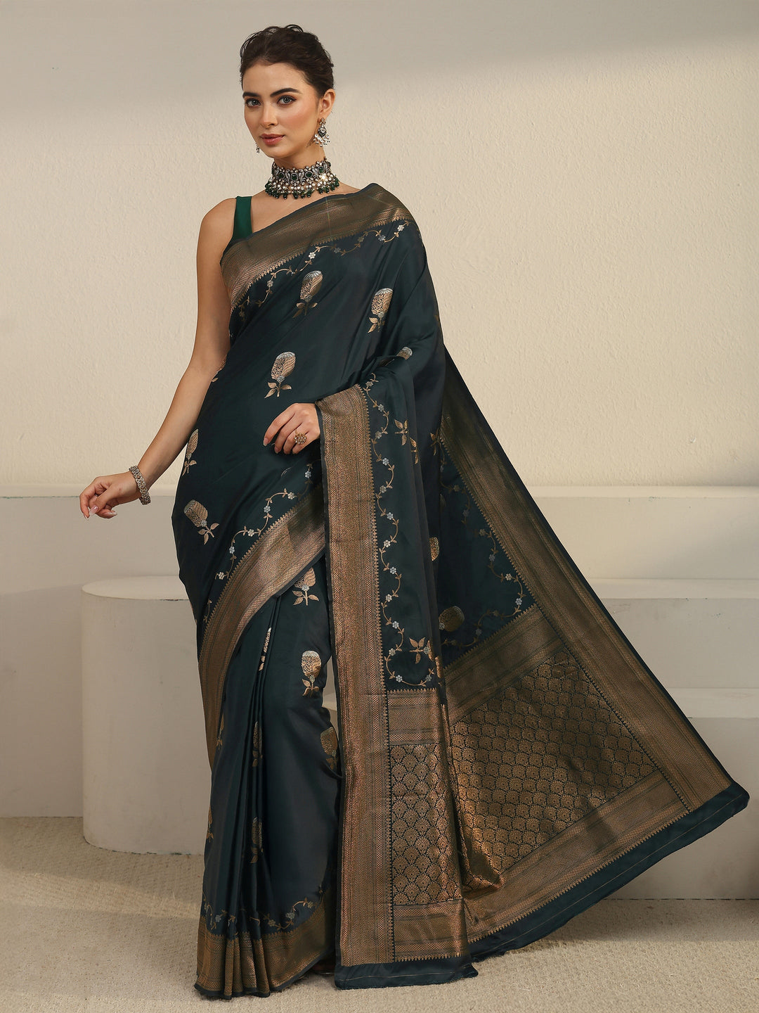  Libas Pine Green Banarasi Satin Saree 