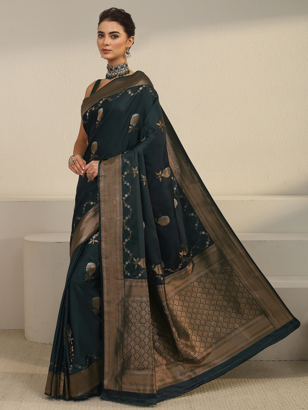  Libas Pine Green Banarasi Satin Saree 