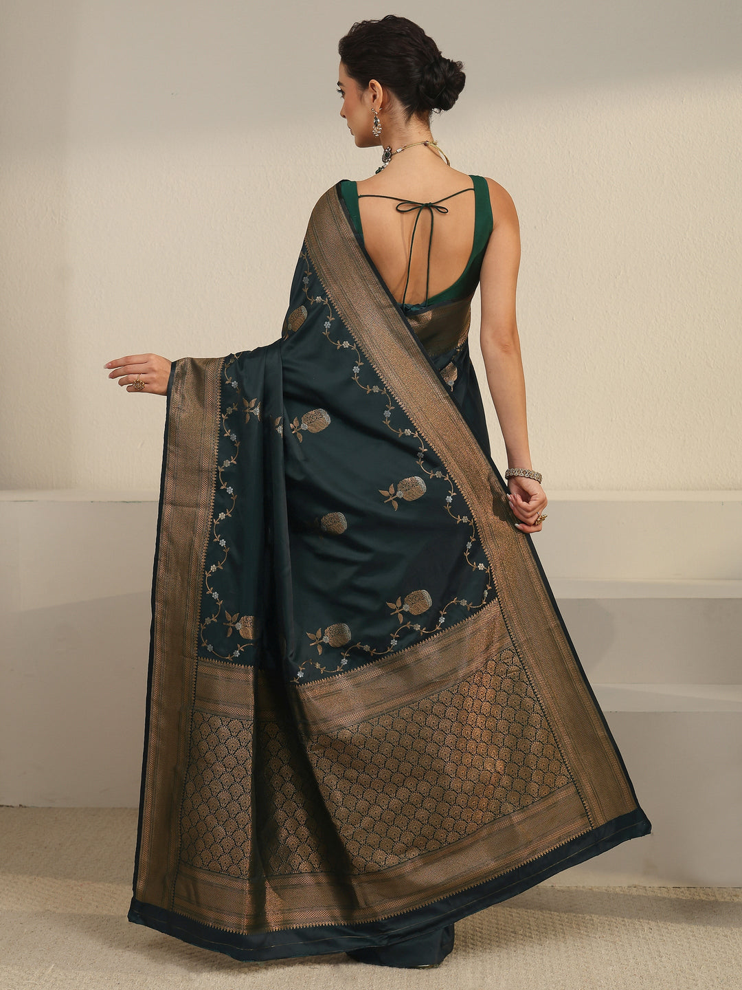  Libas Pine Green Banarasi Satin Saree 