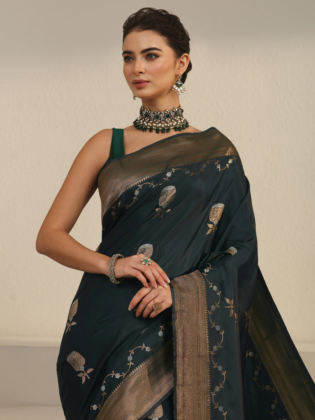  Libas Pine Green Banarasi Satin Saree 