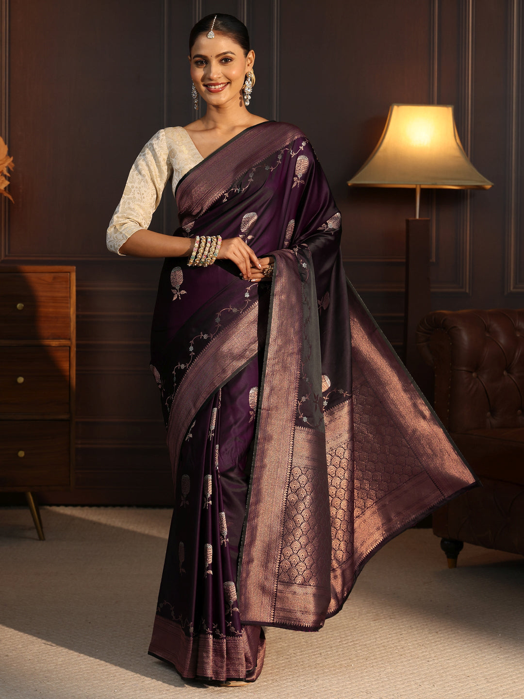  Libas Burgundy Floral Woven Design Satin Saree 