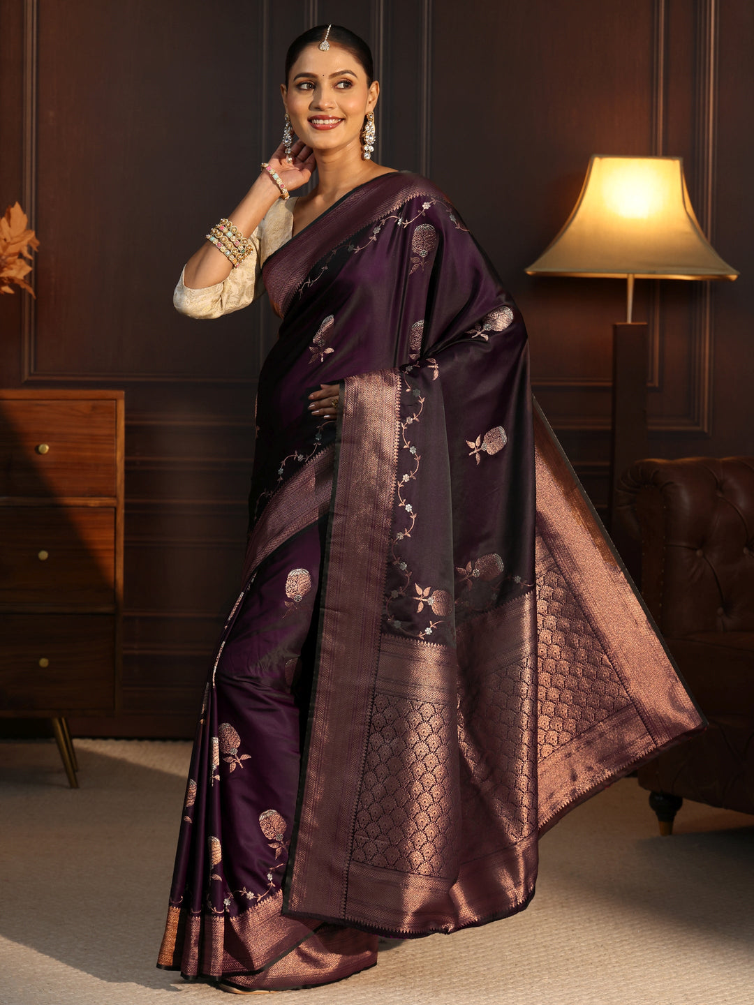  Libas Burgundy Floral Woven Design Satin Saree 