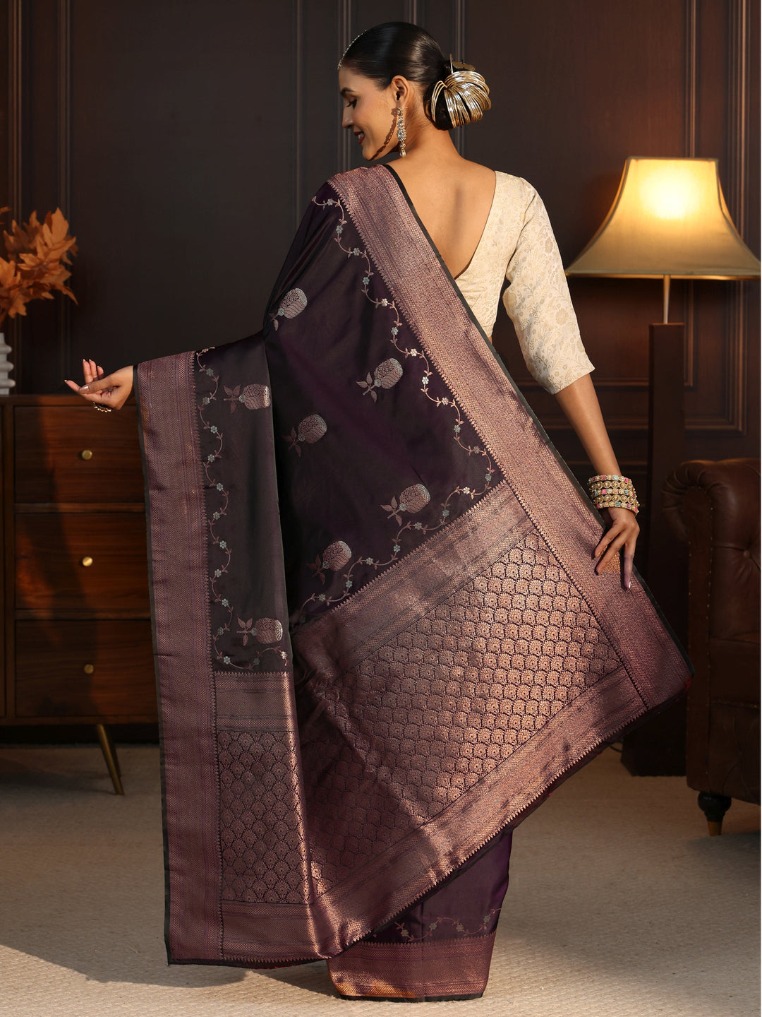  Libas Burgundy Floral Woven Design Satin Saree 