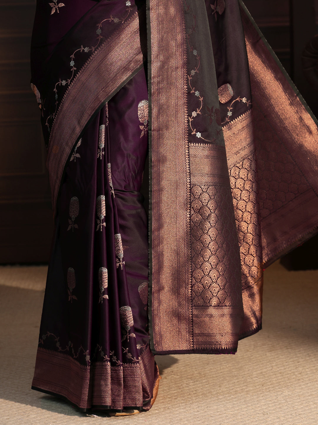  Libas Burgundy Floral Woven Design Satin Saree 