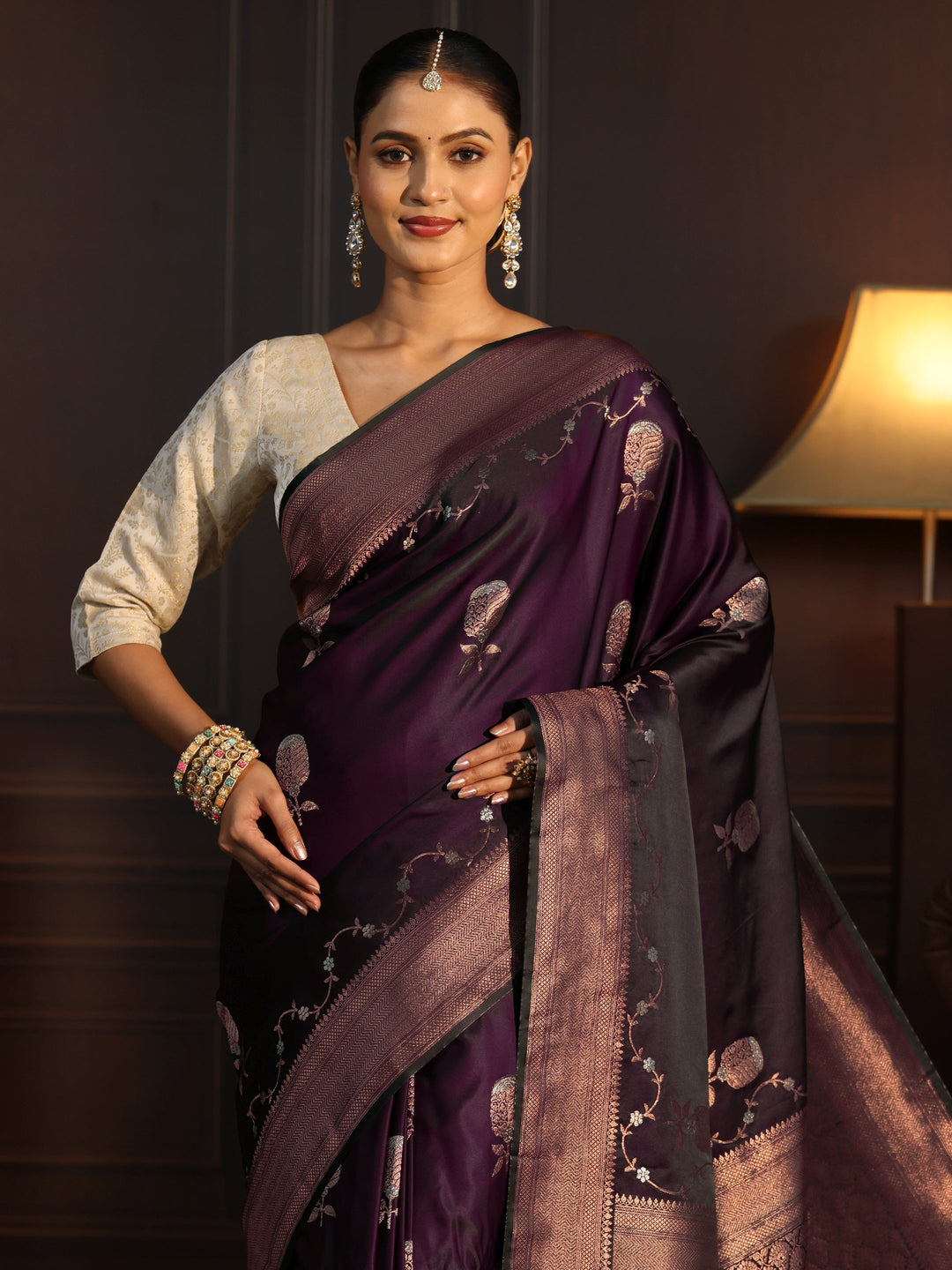  Libas Burgundy Floral Woven Design Satin Saree 