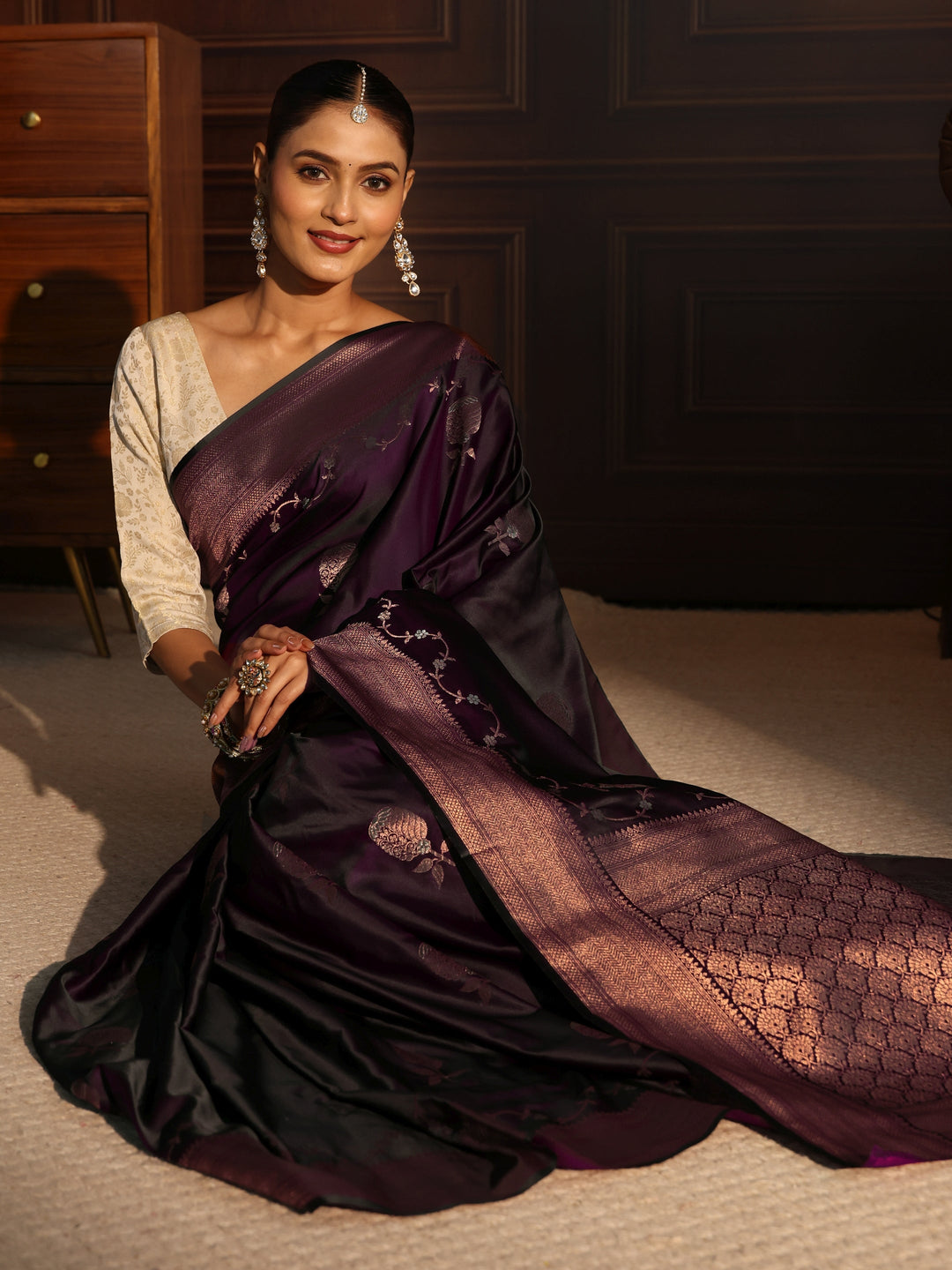  Libas Burgundy Floral Woven Design Satin Saree 