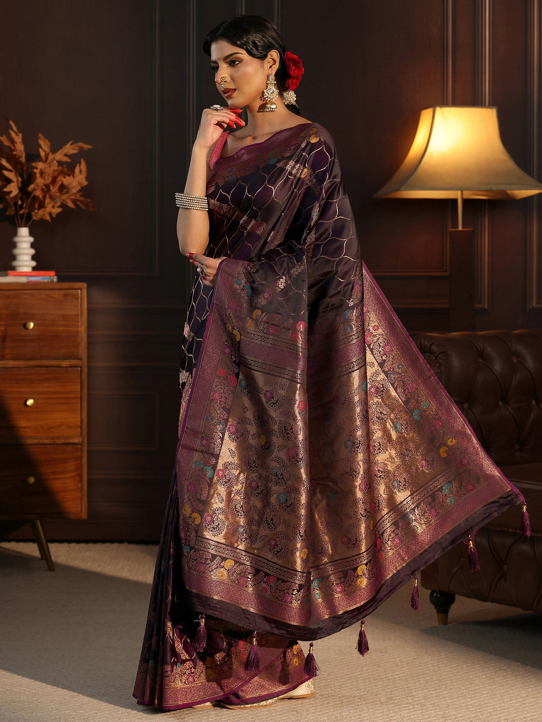  Libas Aubergine Purple Floral Woven Design Satin Saree 