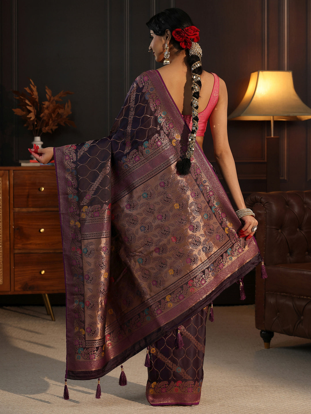  Libas Aubergine Purple Floral Woven Design Satin Saree 