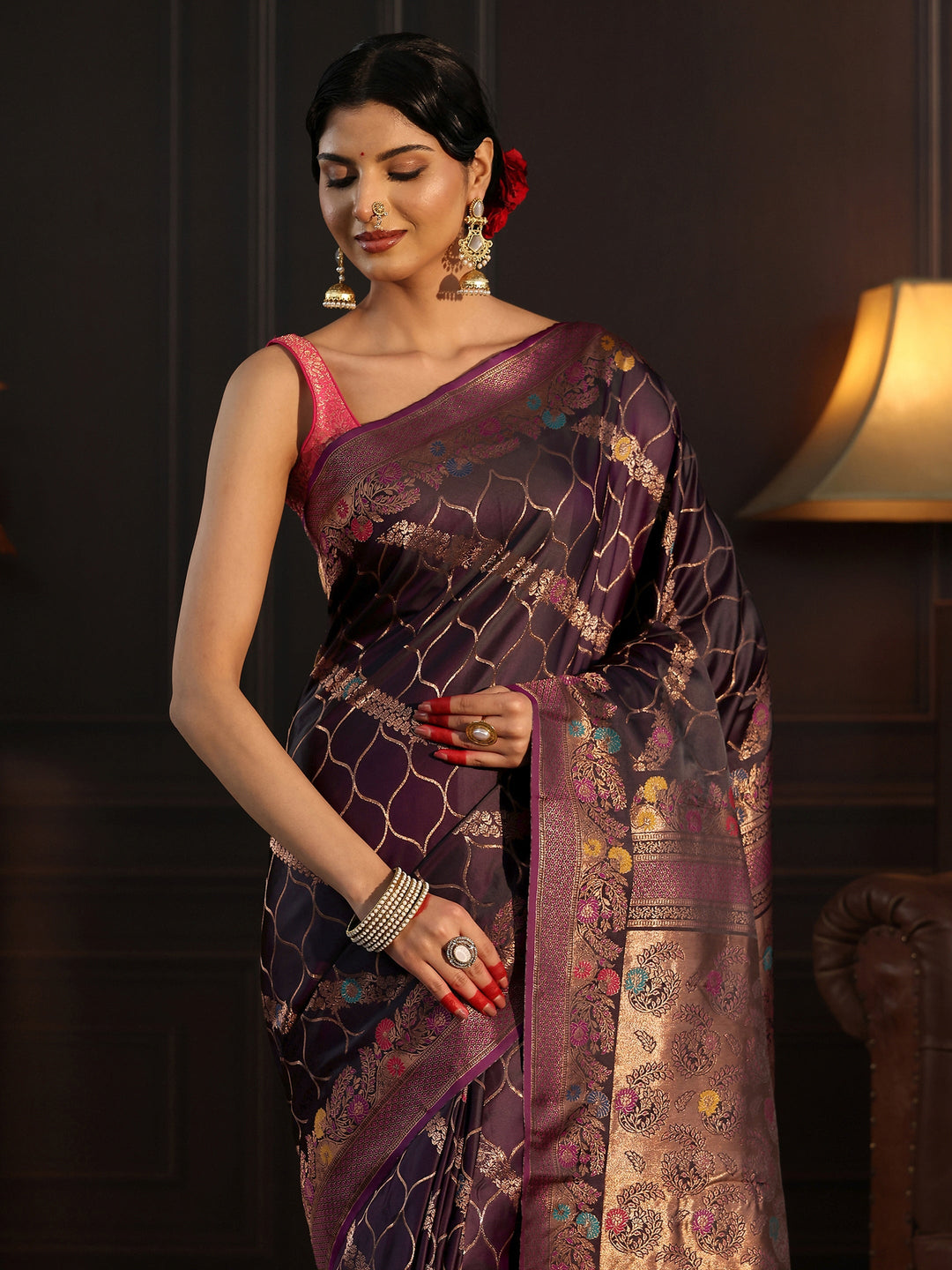  Libas Aubergine Purple Floral Woven Design Satin Saree 