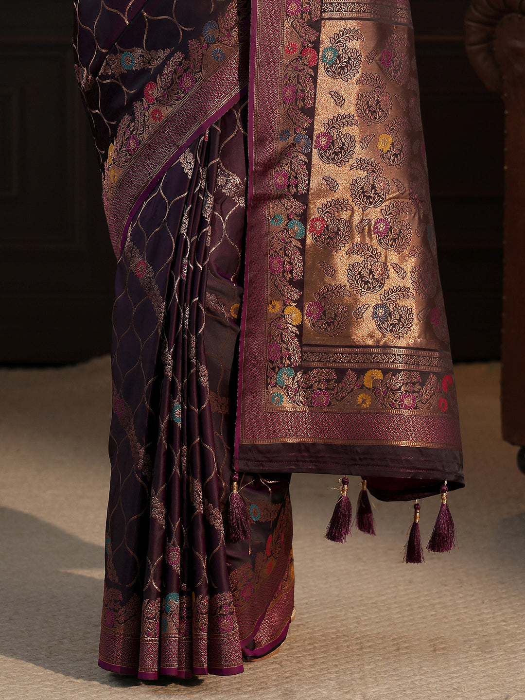  Libas Aubergine Purple Floral Woven Design Satin Saree 