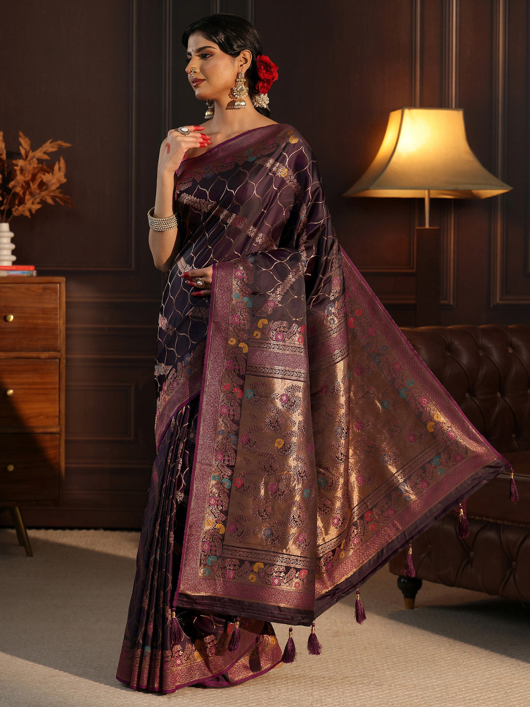  Libas Aubergine Purple Floral Woven Design Satin Saree 
