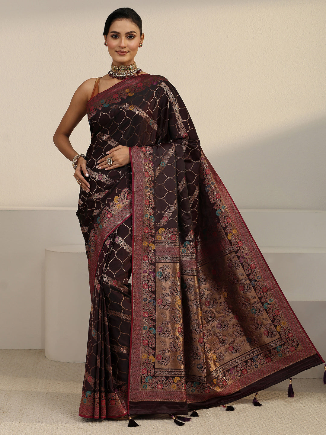  Libas Maroon Floral Woven Design Satin Tassel Saree 