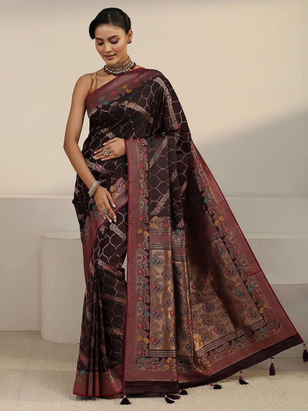  Libas Maroon Floral Woven Design Satin Tassel Saree 