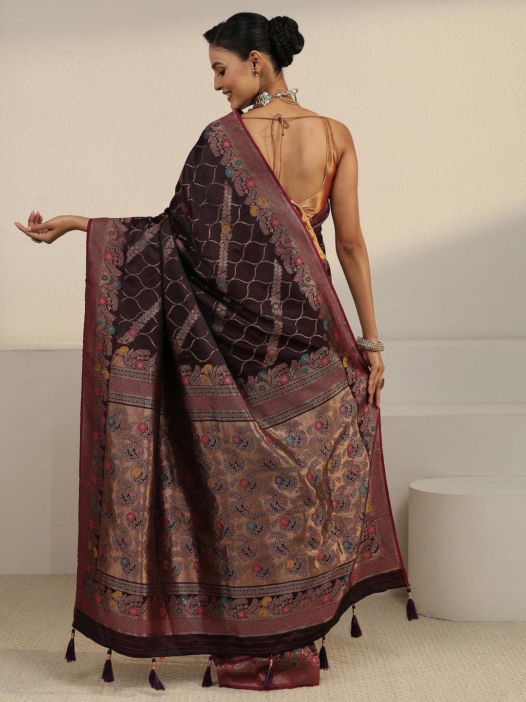  Libas Maroon Floral Woven Design Satin Tassel Saree 