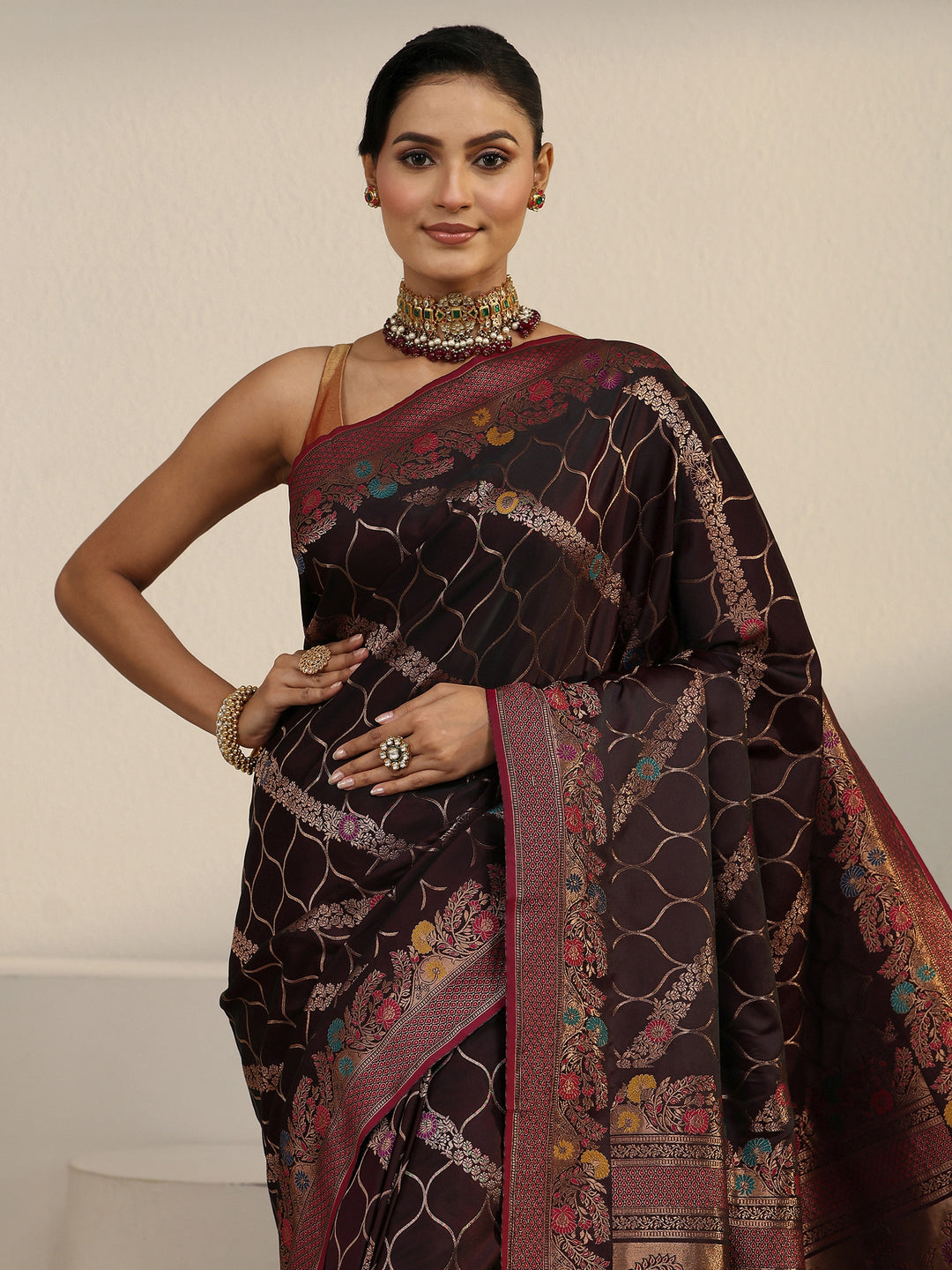  Libas Maroon Floral Woven Design Satin Tassel Saree 