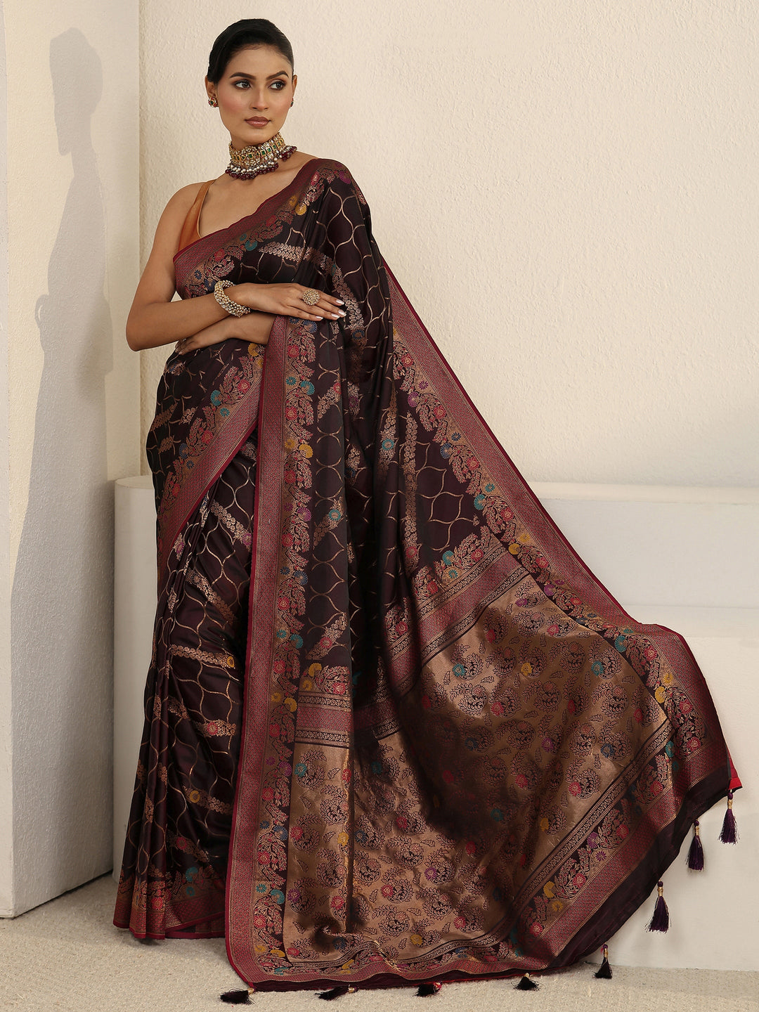  Libas Maroon Floral Woven Design Satin Tassel Saree 