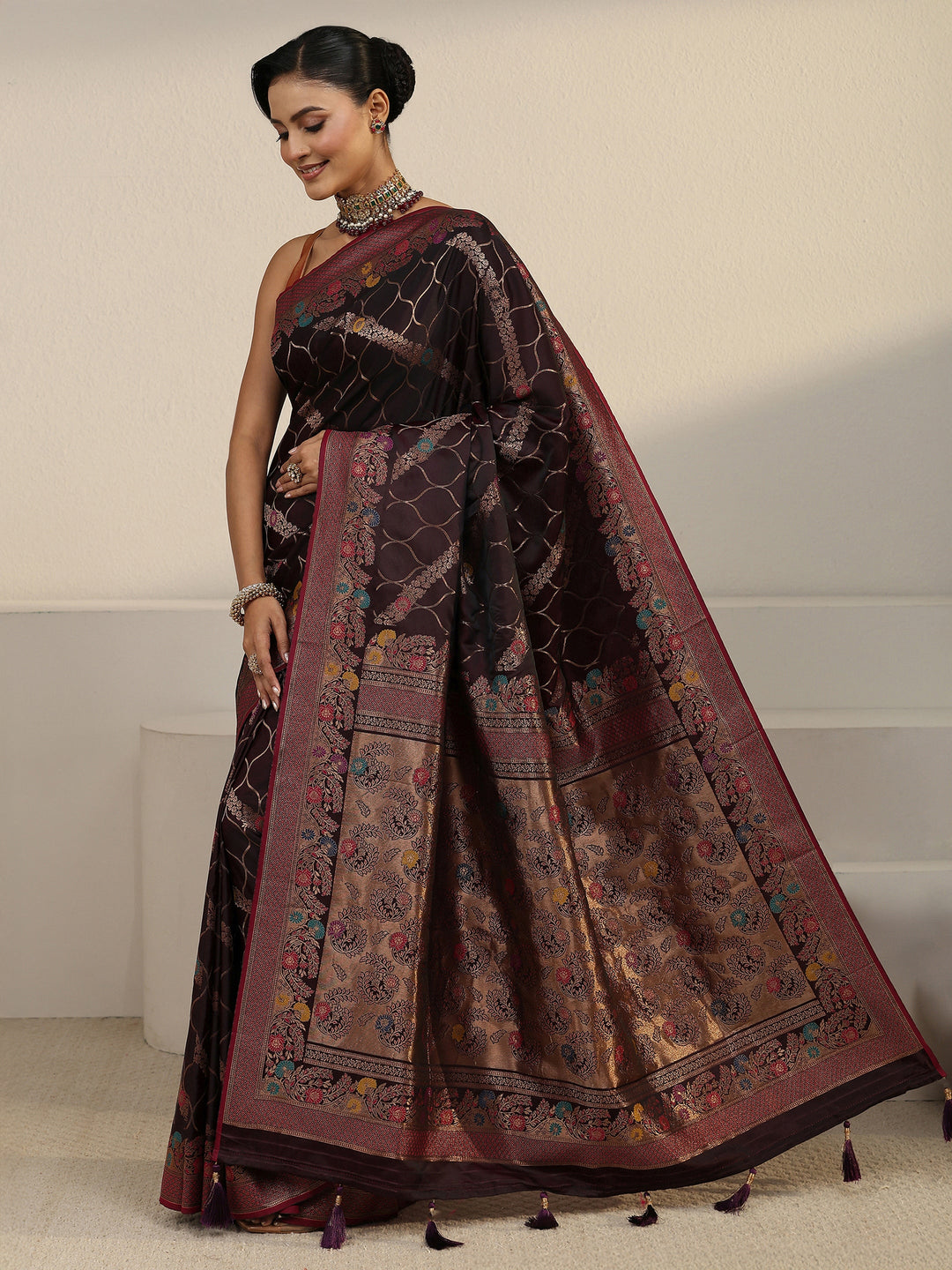  Libas Maroon Floral Woven Design Satin Tassel Saree 