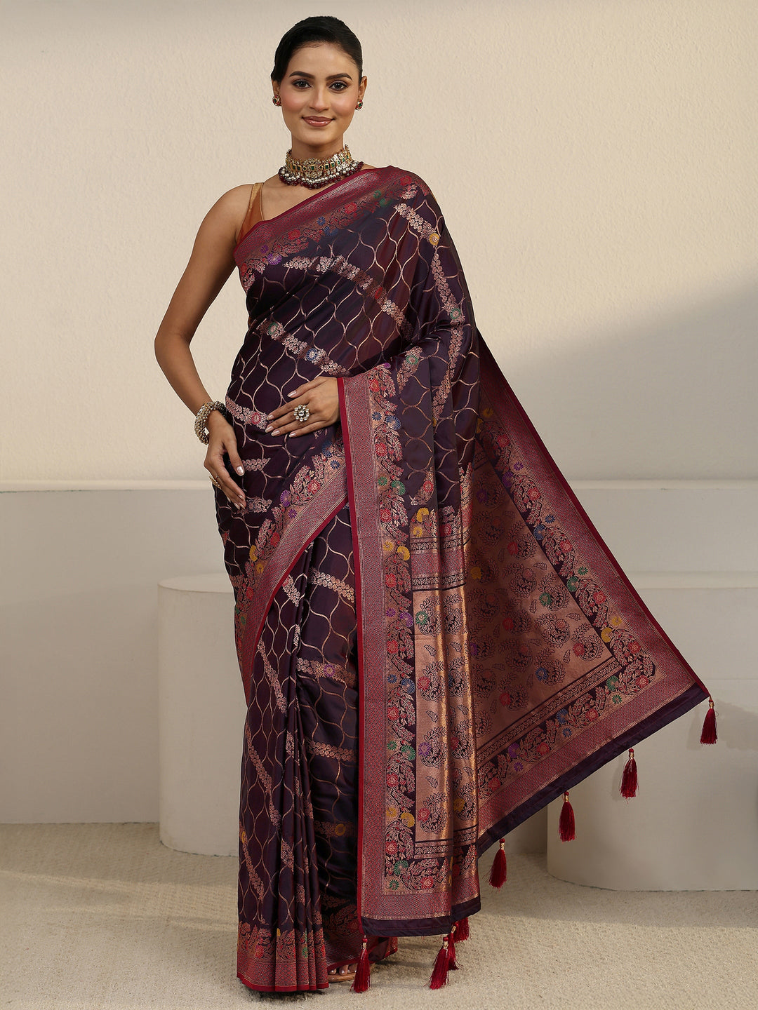 Libas Maroon Floral Woven Design Satin Tassel Saree 