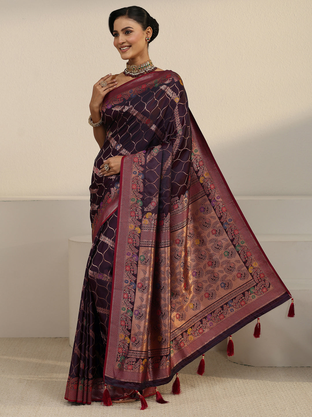  Libas Maroon Floral Woven Design Satin Tassel Saree 