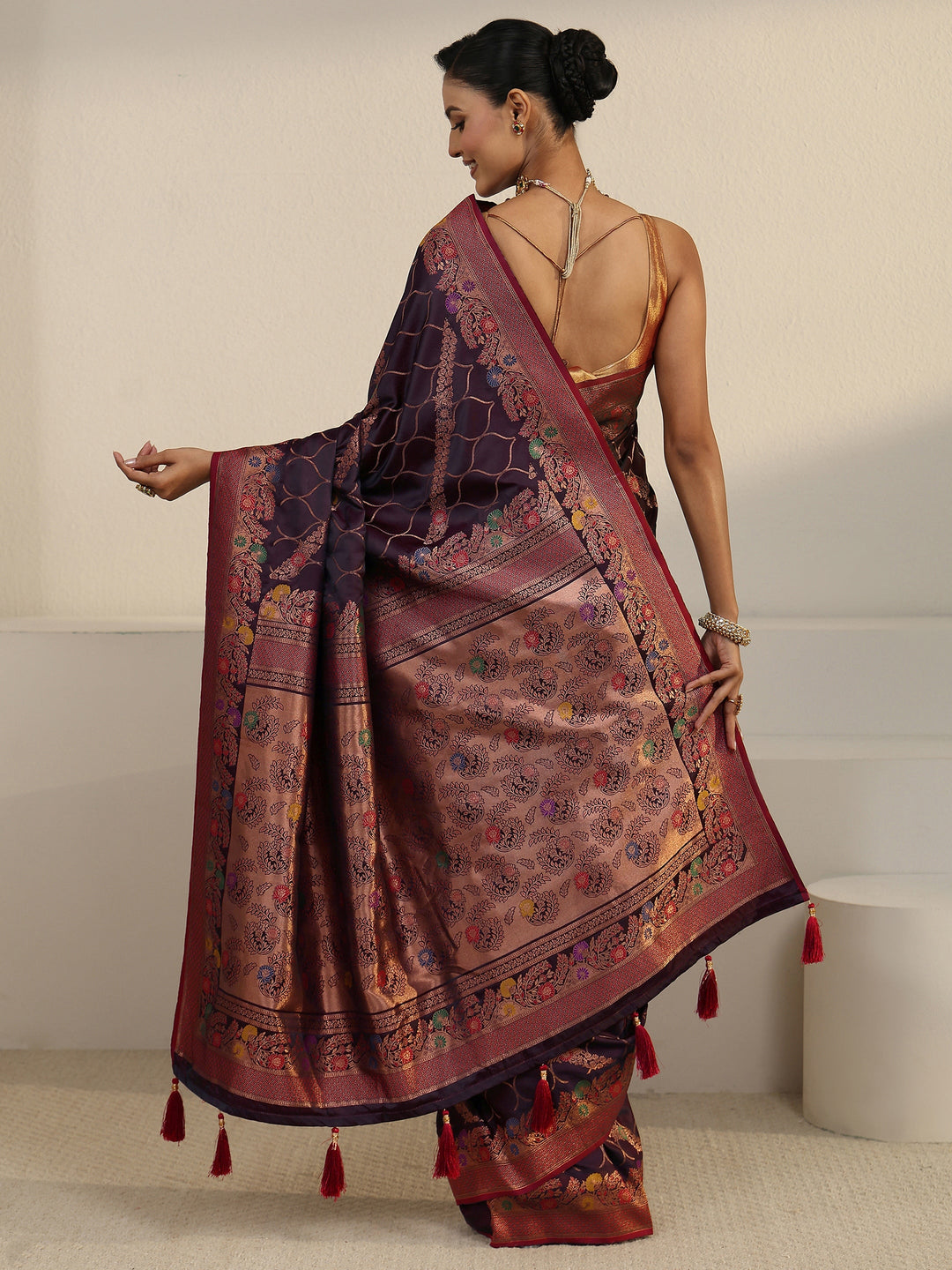  Libas Maroon Floral Woven Design Satin Tassel Saree 