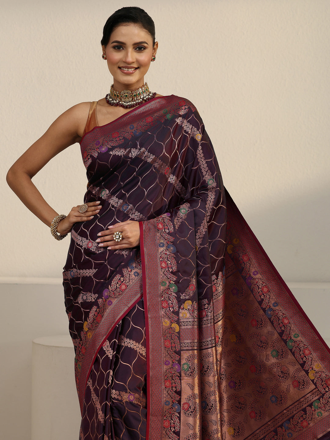  Libas Maroon Floral Woven Design Satin Tassel Saree 
