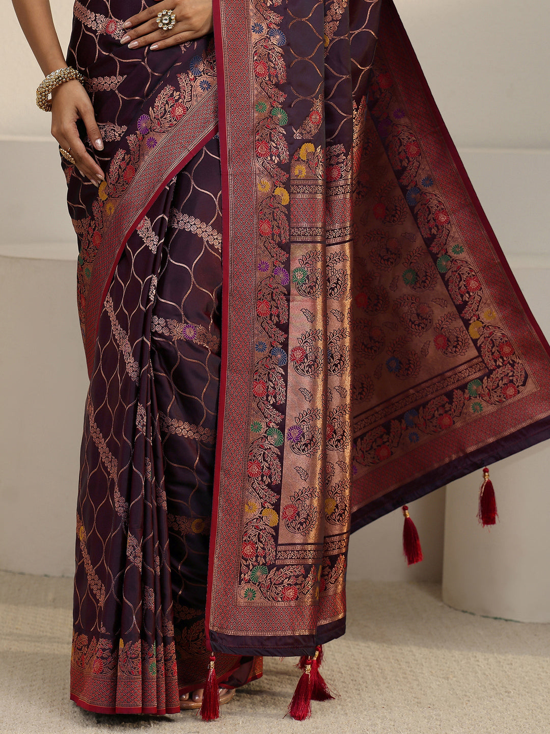  Libas Maroon Floral Woven Design Satin Tassel Saree 