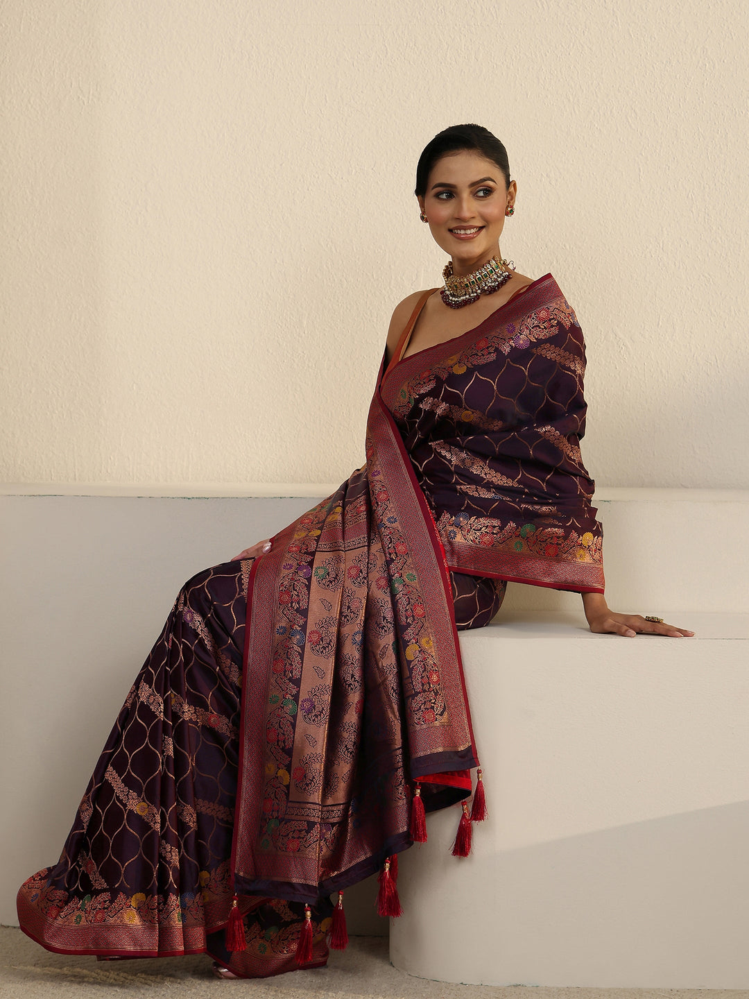  Libas Maroon Floral Woven Design Satin Tassel Saree 