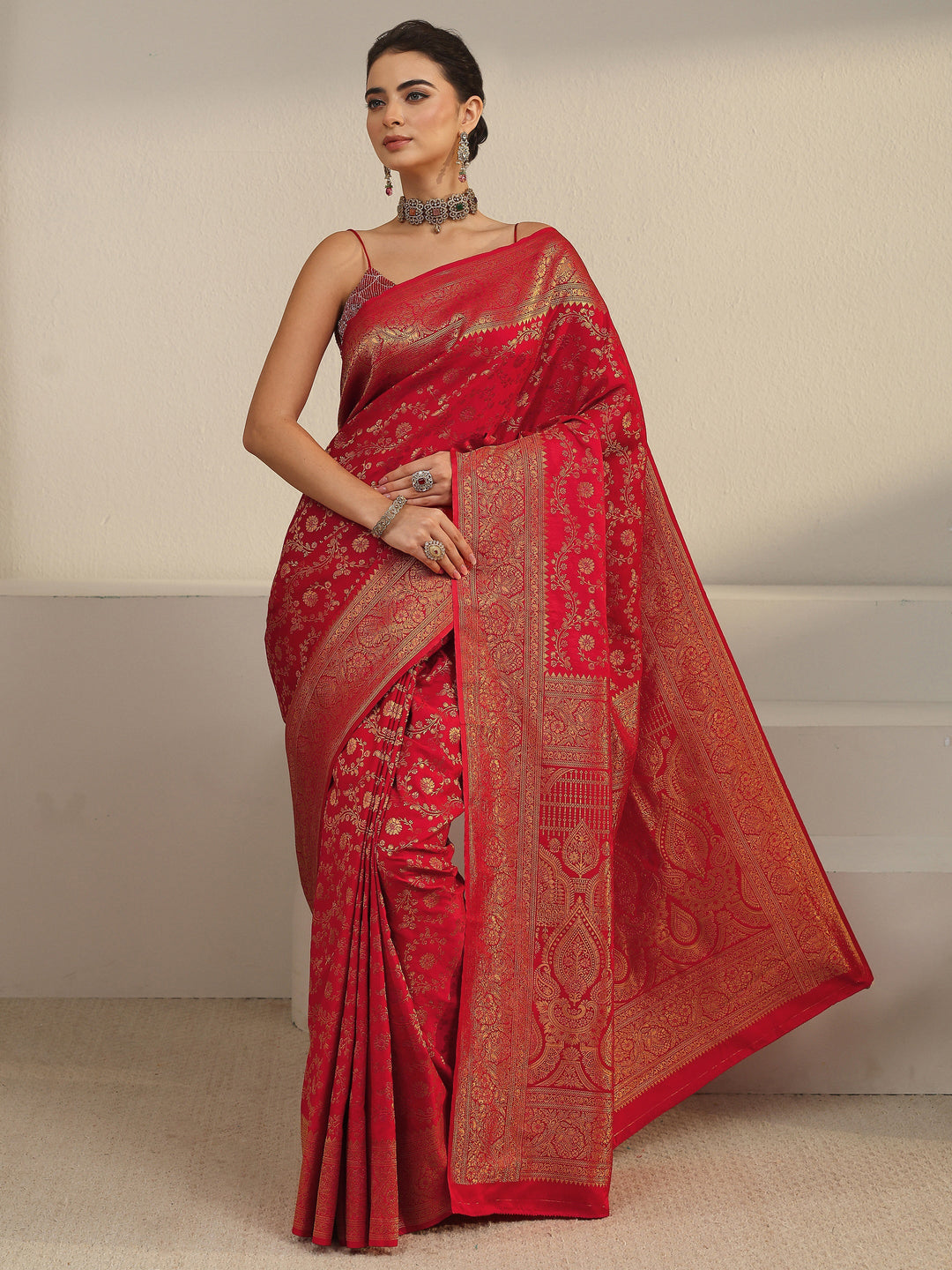  Libas Red Floral Banarasi Silk Blend Saree 