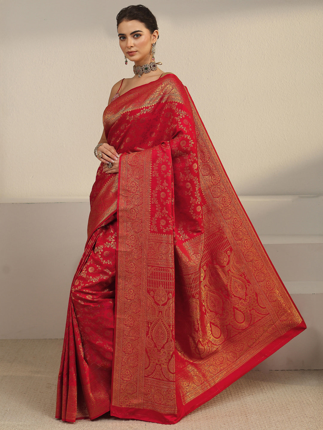  Libas Red Floral Banarasi Silk Blend Saree 