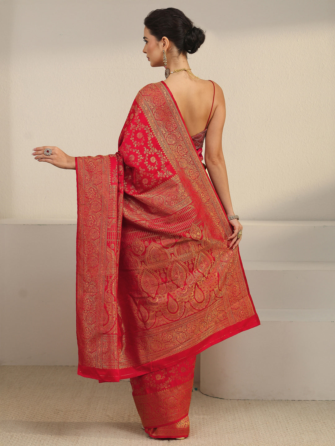  Libas Red Floral Banarasi Silk Blend Saree 