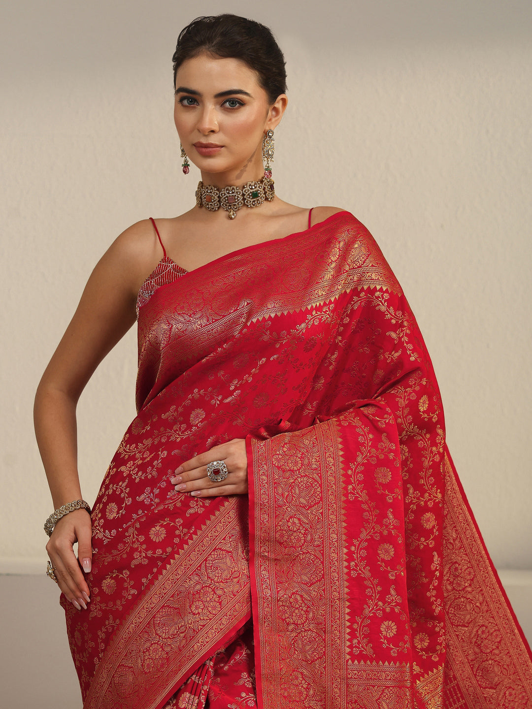  Libas Red Floral Banarasi Silk Blend Saree 