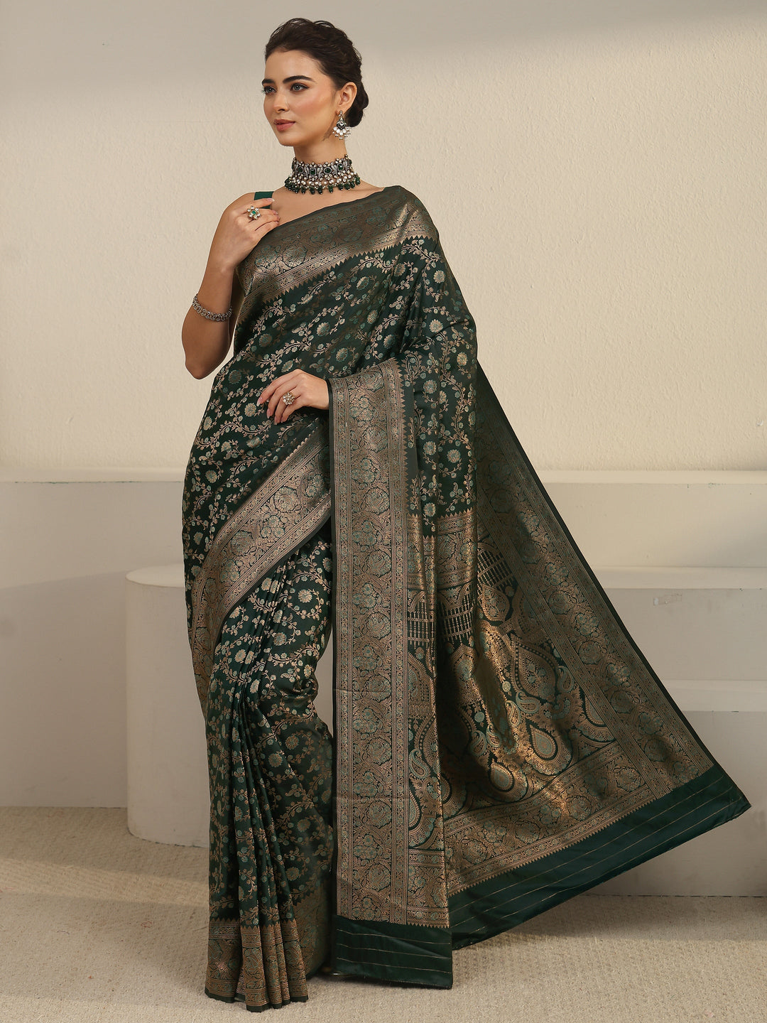  Libas Teal Green Floral Banarasi Silk Blend Saree 