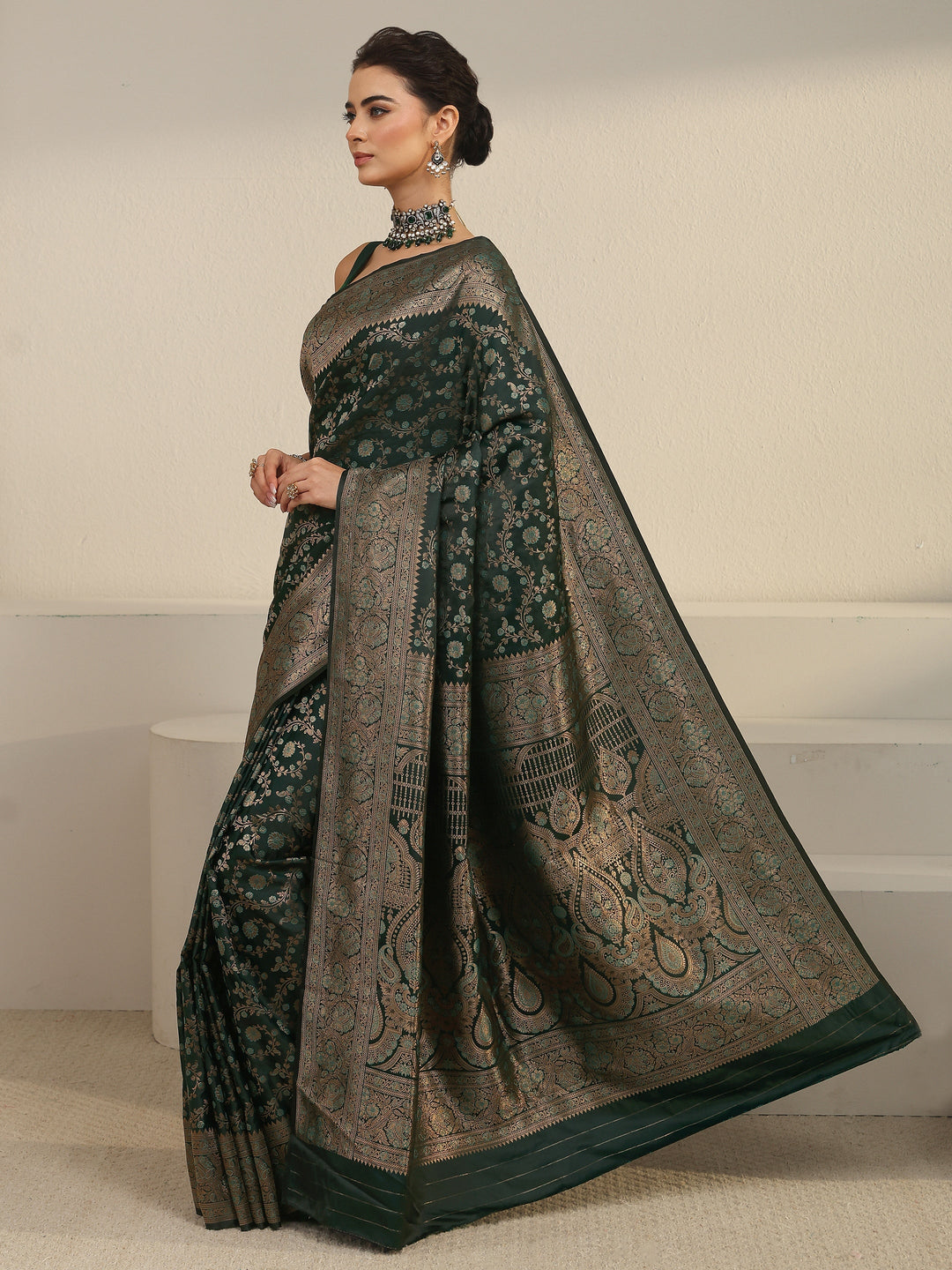  Libas Teal Green Floral Banarasi Silk Blend Saree 
