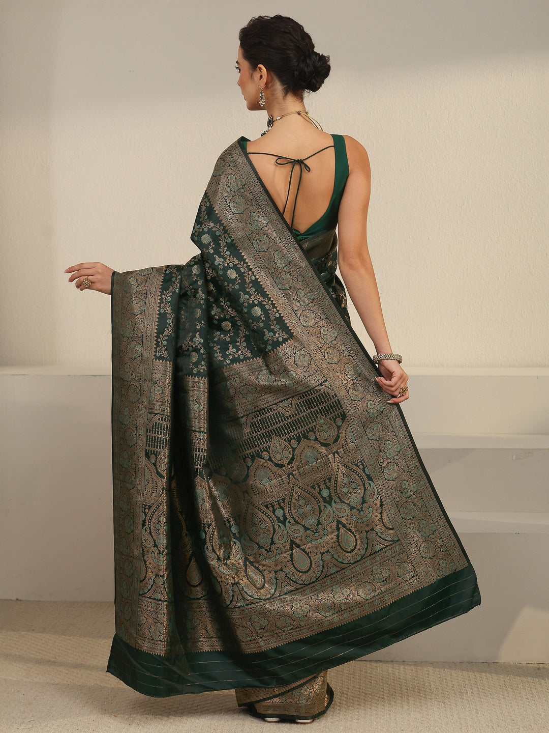  Libas Teal Green Floral Banarasi Silk Blend Saree 