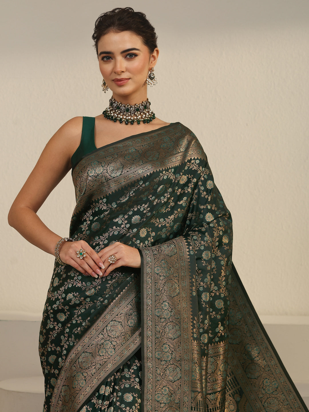  Libas Teal Green Floral Banarasi Silk Blend Saree 