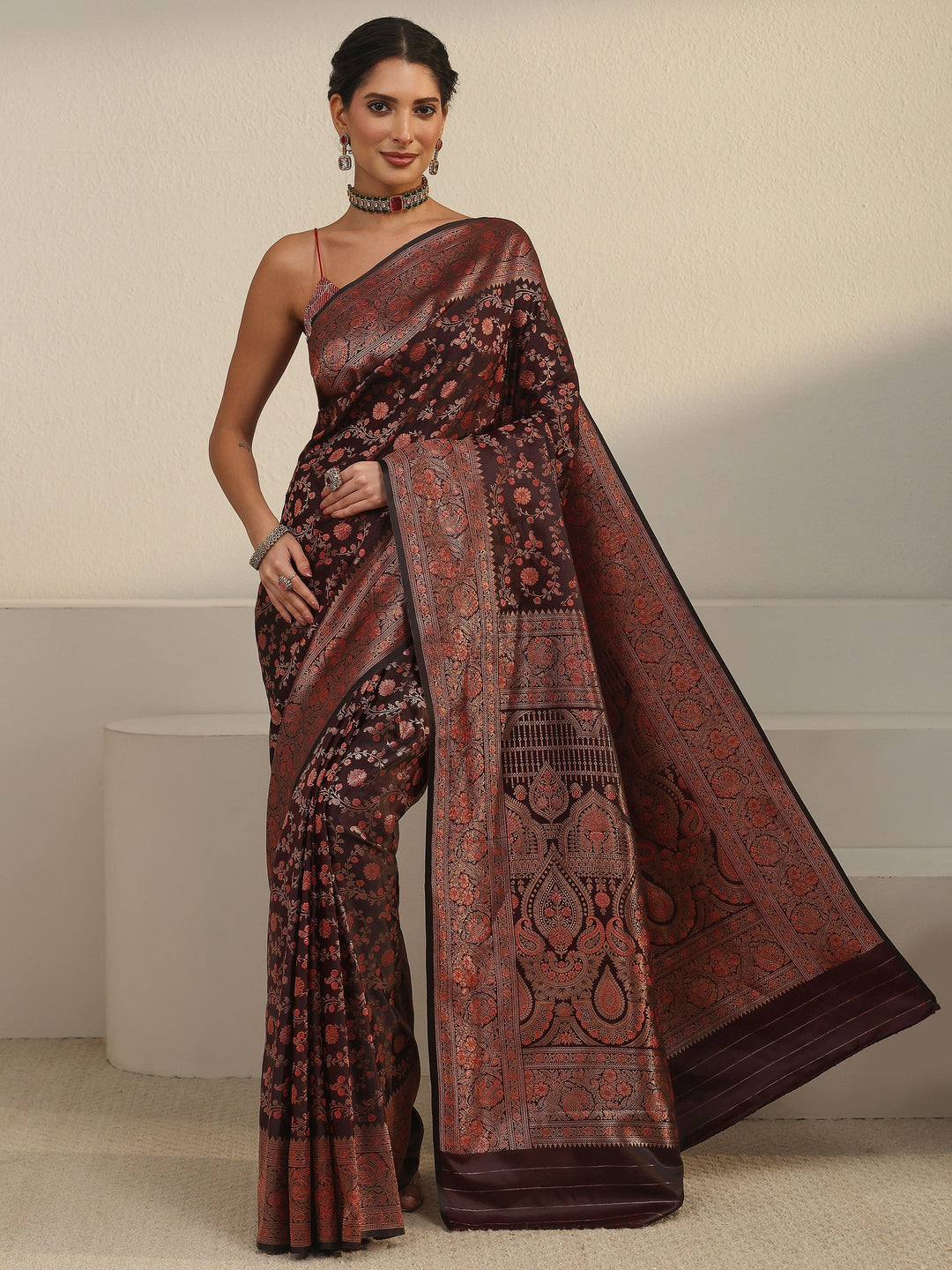  Libas Maroon Floral Banarasi Silk Blend Saree 