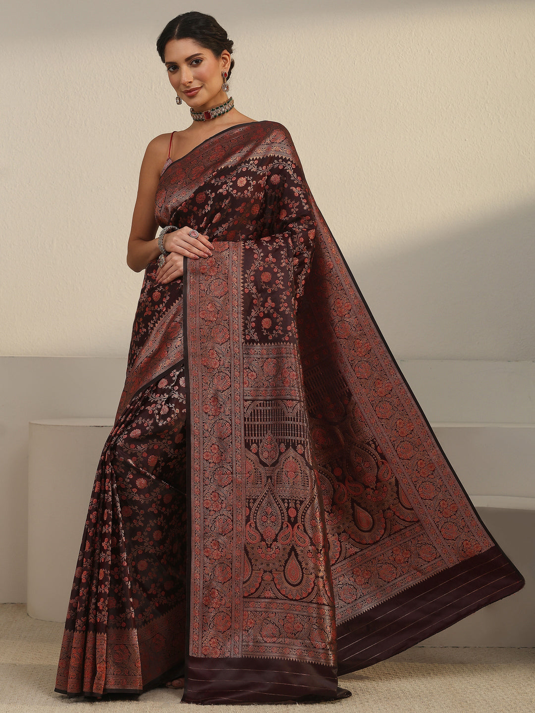  Libas Maroon Floral Banarasi Silk Blend Saree 
