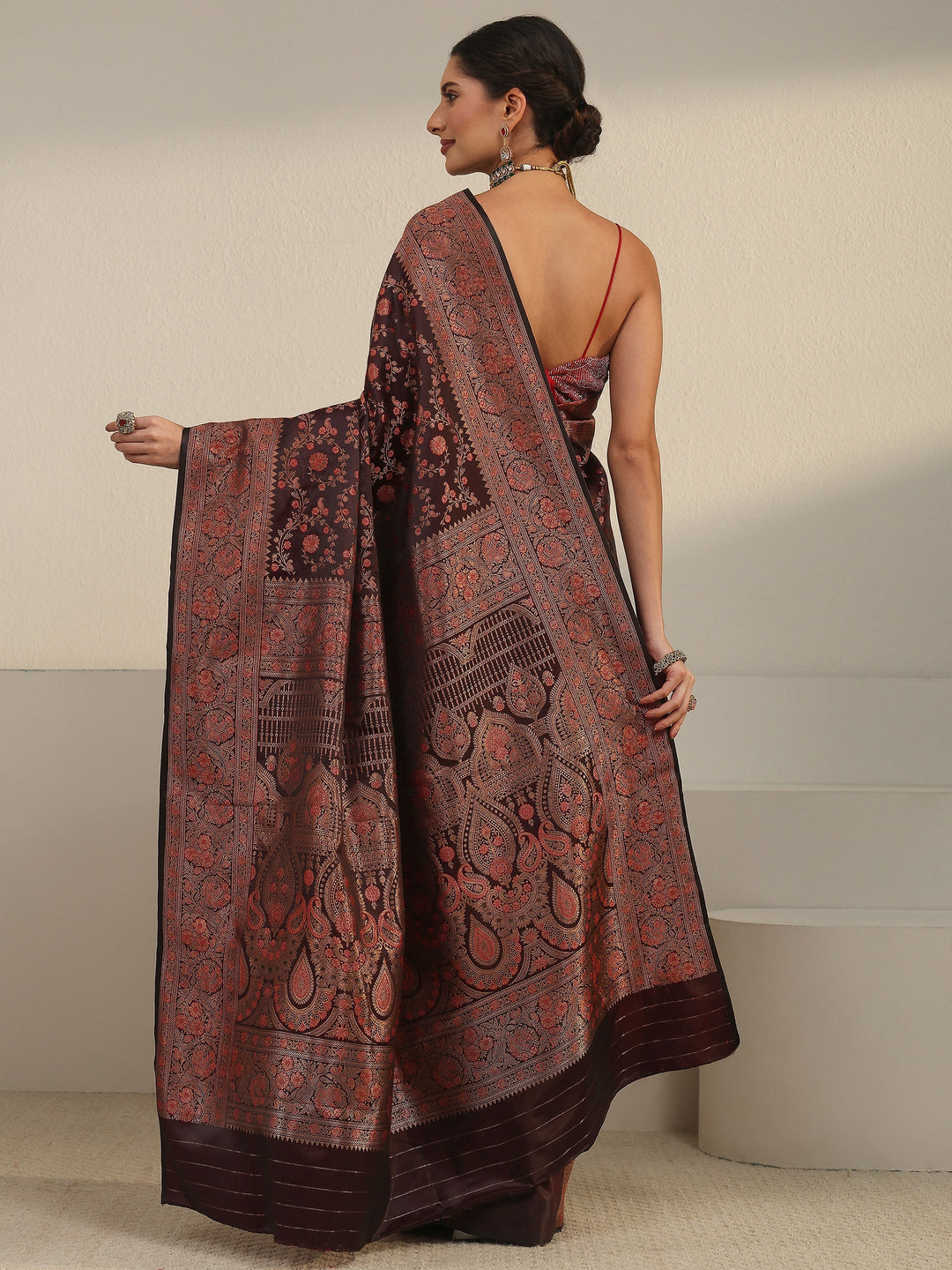  Libas Maroon Floral Banarasi Silk Blend Saree 