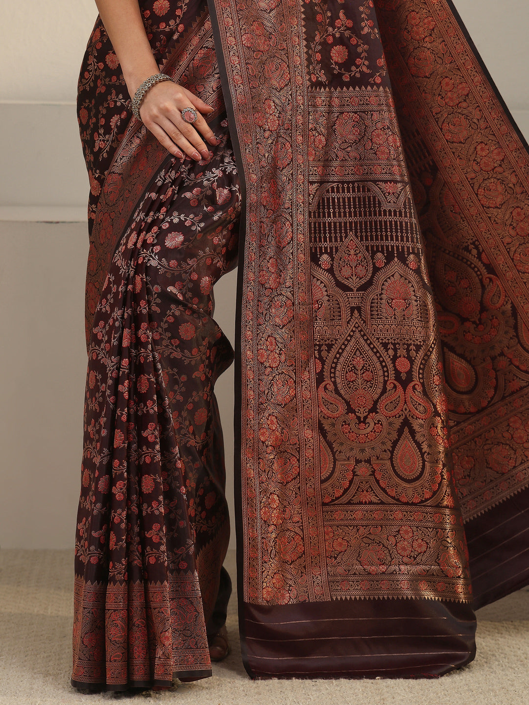  Libas Maroon Floral Banarasi Silk Blend Saree 