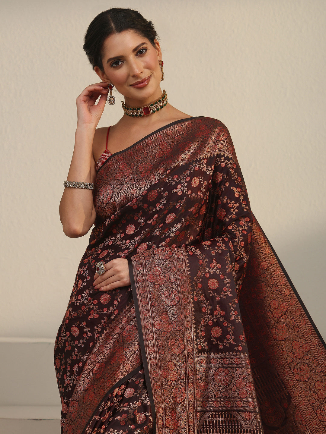  Libas Maroon Floral Banarasi Silk Blend Saree 