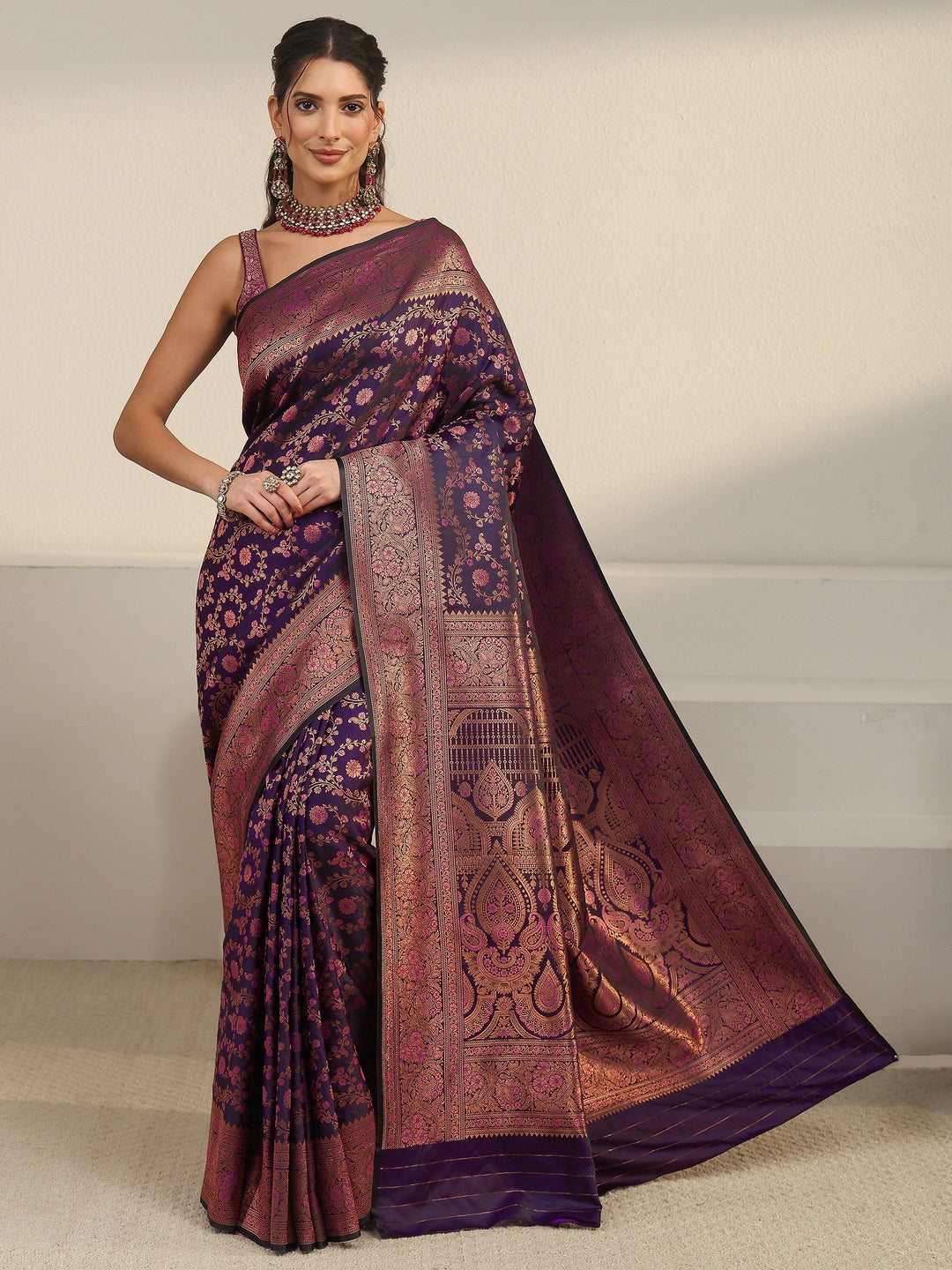  Libas Purple Floral Woven Design Silk Blend Banarasi Saree 