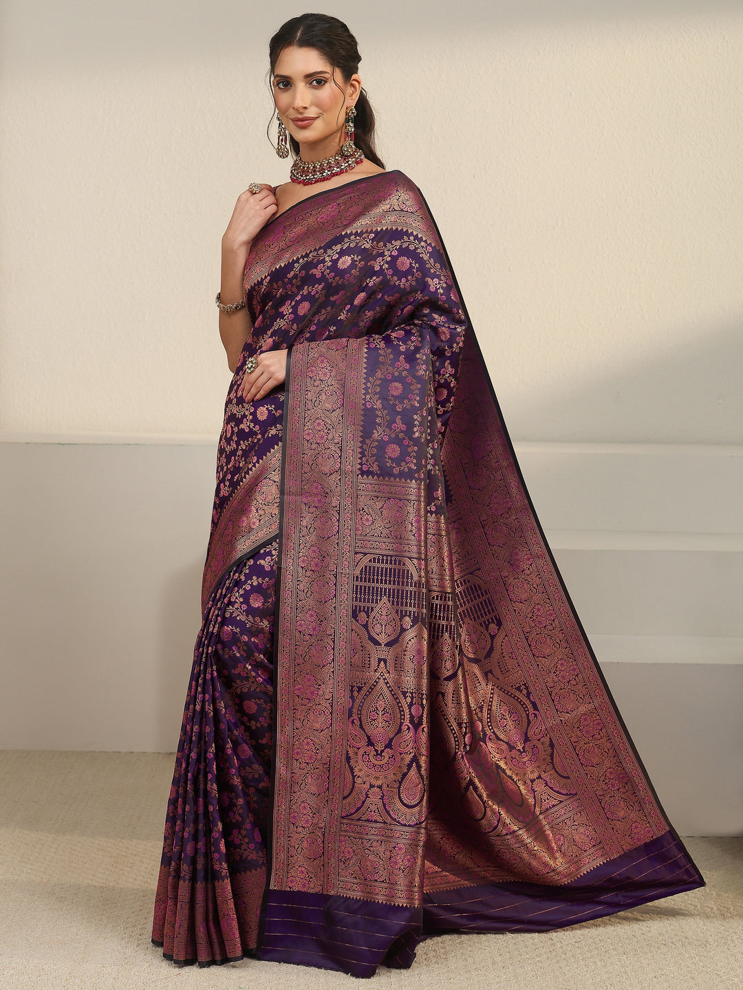  Libas Purple Floral Woven Design Silk Blend Banarasi Saree 
