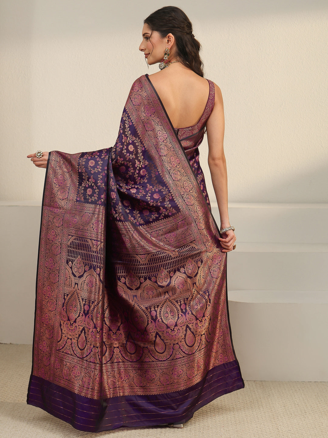  Libas Purple Floral Woven Design Silk Blend Banarasi Saree 