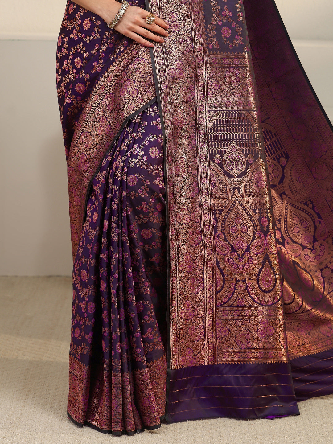 Libas Purple Floral Woven Design Silk Blend Banarasi Saree 