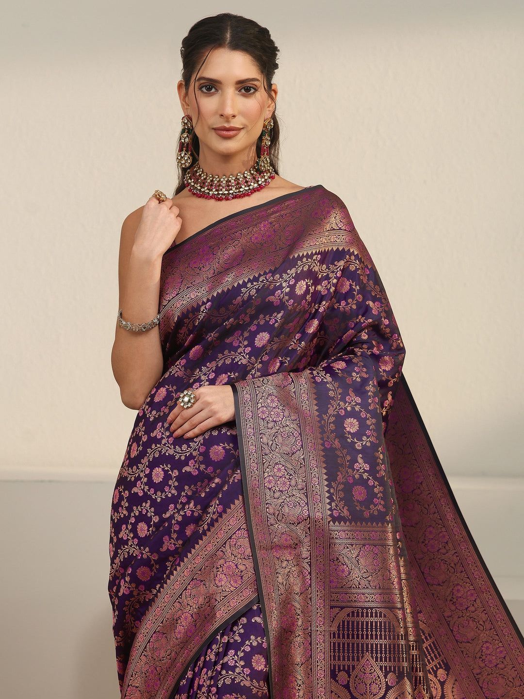  Libas Purple Floral Woven Design Silk Blend Banarasi Saree 