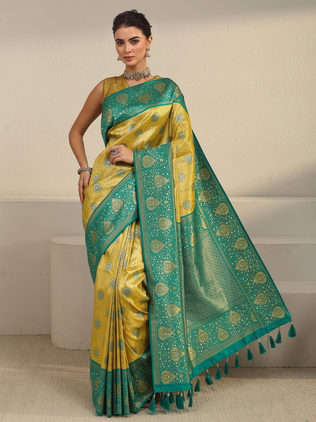  Libas Mustard Leaf Woven Design Brocade Saree 